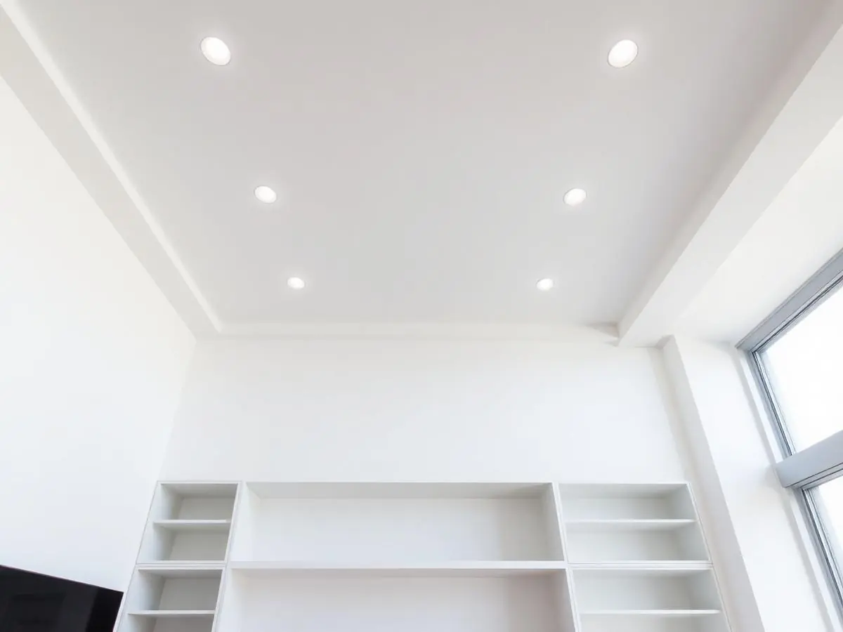 Controsoffitto in cartongesso con faretti a incasso e libreria a nicchia