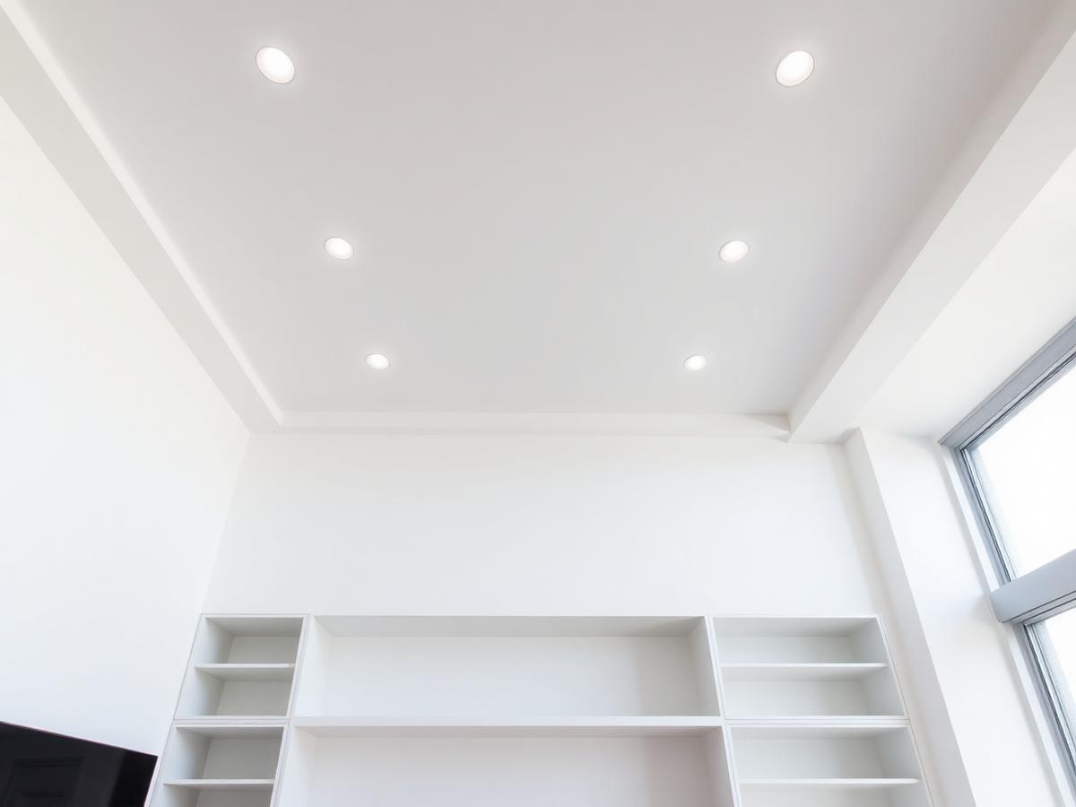Controsoffitto in cartongesso con faretti a incasso e libreria a nicchia