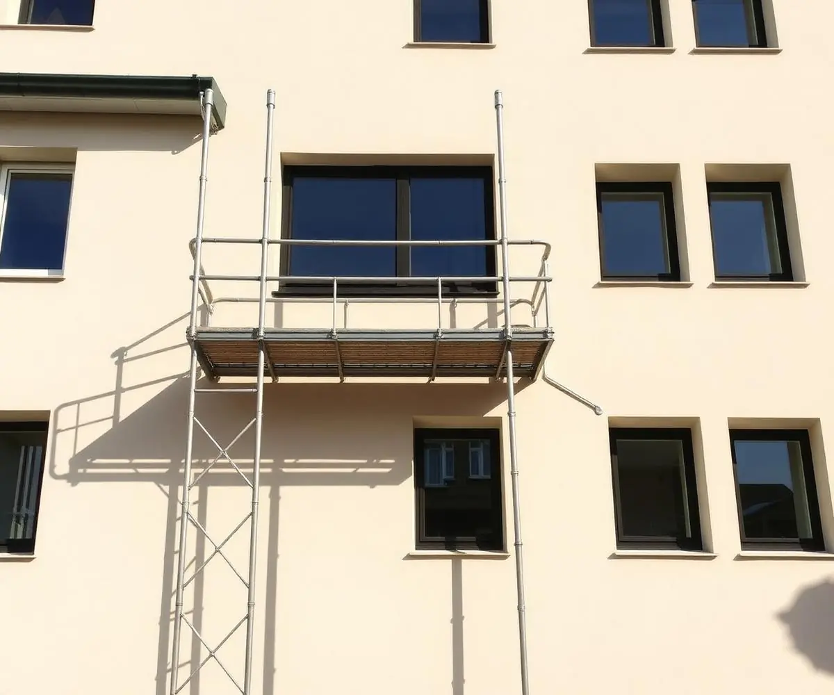 Facciata esterna di uno stabile appena ritinteggiata con ponteggio